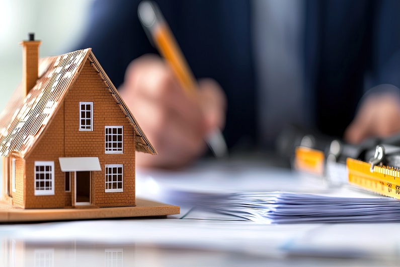 A model home sits on a desk near a pile of white papers.